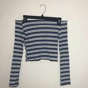 Woman’s Crop Top, Blue Stripped, Long Sleeve-Small
